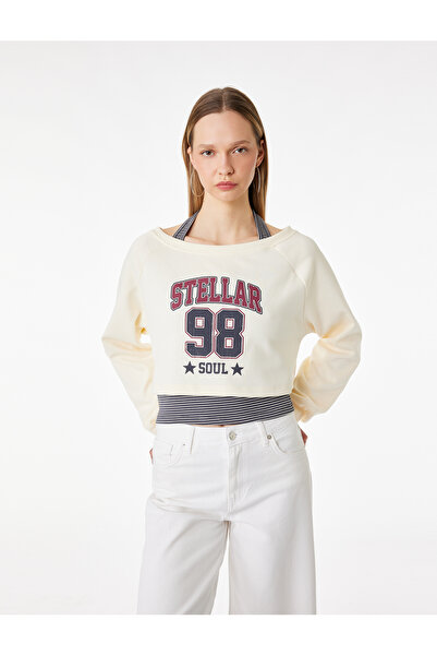 Koton Comfortable Fit Long Sleeve Crop Printed Sweatshirt with Halter Neck De...