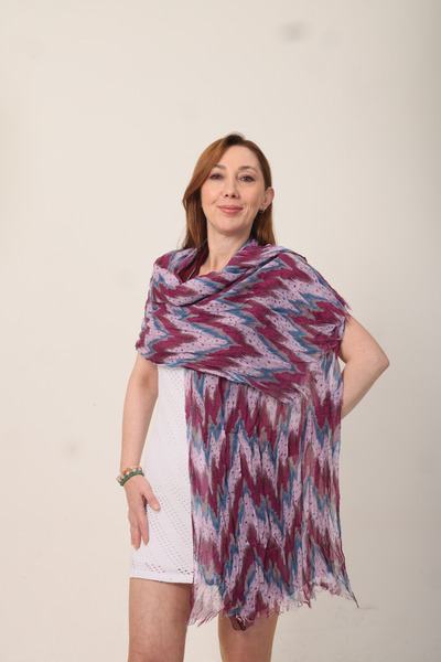 Mystic Shawl 100% Cotton Zigzag Patterned Plum Double-Sided Shawl (70X180 cm)