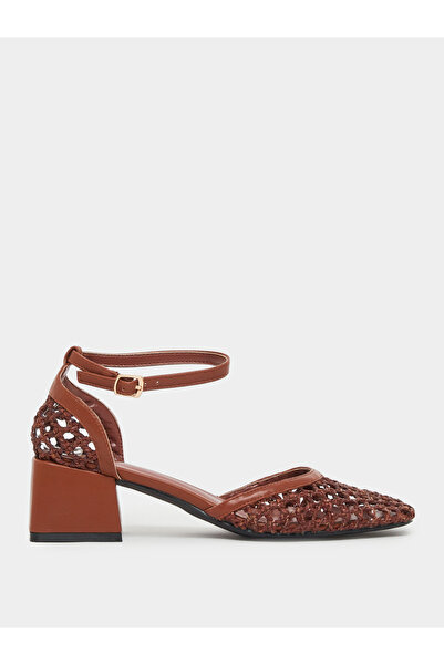 Styli Brown Woven Ankle Strap Block Heel Shoes