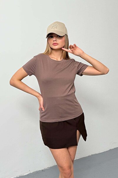 GİYSA Γυναικείο T-Shirt με λαιμόκοψη ποδηλάτου, 100% βαμβάκι, ανοιχτό καφέ - ...