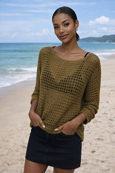 AQE FASHION Γυναικεία πλεκτή μπλούζα καφέ χρώματος με λαιμόκοψη T και μακρύ μ...