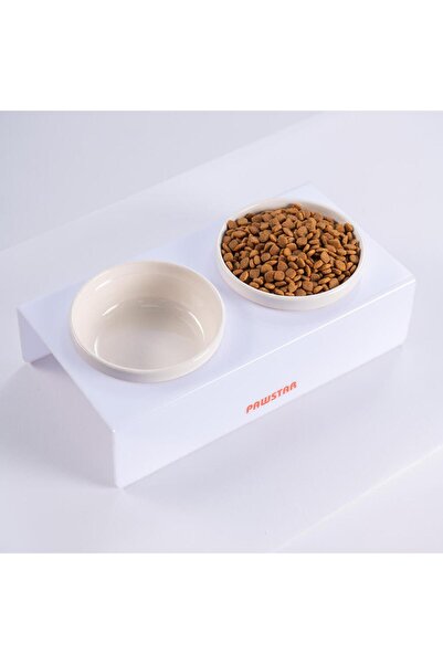 Pawstar Beyaz İkili Seramik-Pleksi Mama ve Su Kabı-Kedi Köpek Mama Su Kabı
