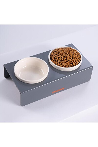 Pawstar Antrasit İkili Seramik-Pleksi Mama ve Su Kabı-Kedi Köpek Mama Su Kabı