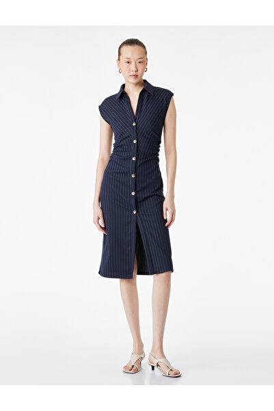 Koton Slim Fit Drape Detaylı Düğmeli Kolsuz Midi Boy Gömlek Elbise