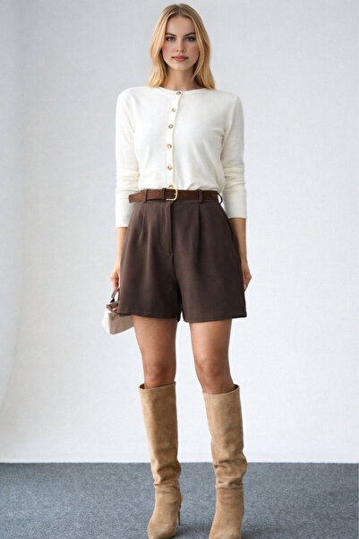 LOOSH Kadın Kahve Yüksek Bel Pileli Bermuda Şort