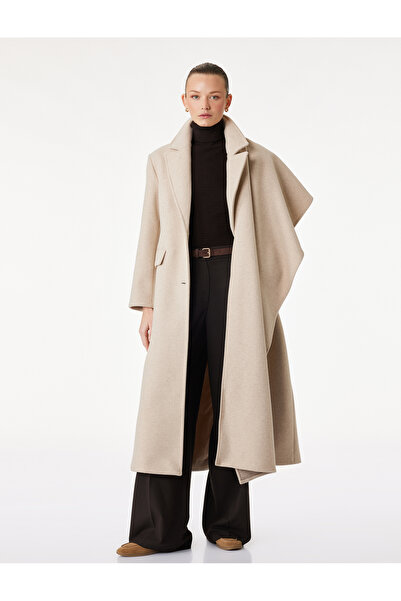 Koton Uzun Kollu Düğmeli Cepli Kruvaze Atkılı Kaşe Kaban