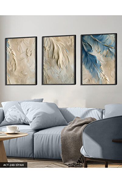 Burshe Dokulu Görünüm Kuş Tüyü 3 Parça Siyah Ahşap Çerçeveli Tablo ACT