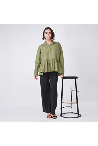 LINELLE Green Cotton Poplin Peplum Shirt