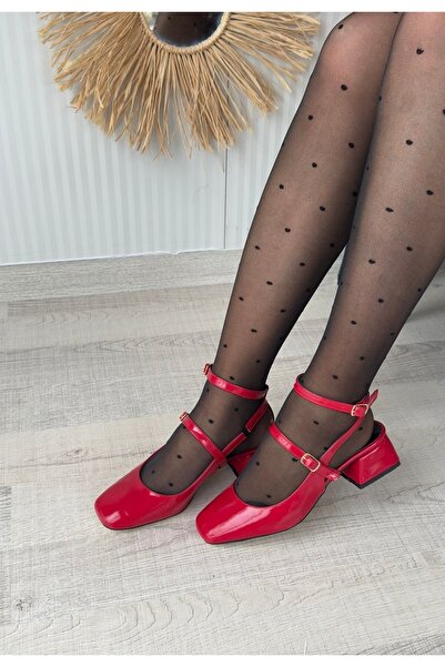 Celira Pantofi cu toc și curea pentru femei, din piele lăcuită roșie