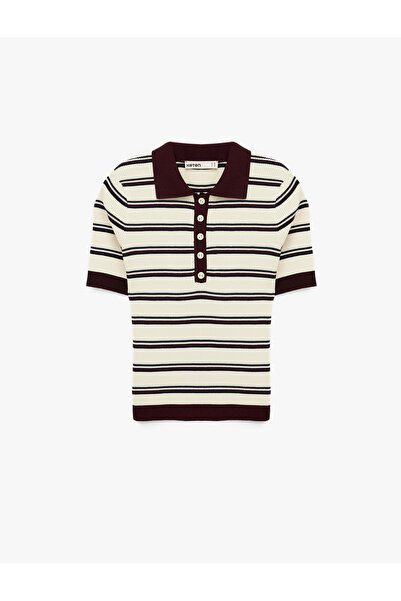 Koton Regular Fit Short Sleeve Buttoned Polo Collar Striped Knitwear Sweater