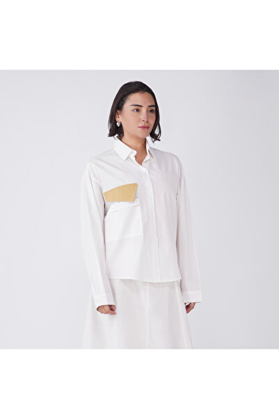 LINELLE White Cotton Poplin Shirt with Brown Flap Detail
