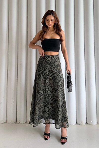 BEJNA Women's Patterned Gathered Waist Lined Chiffon Skirt