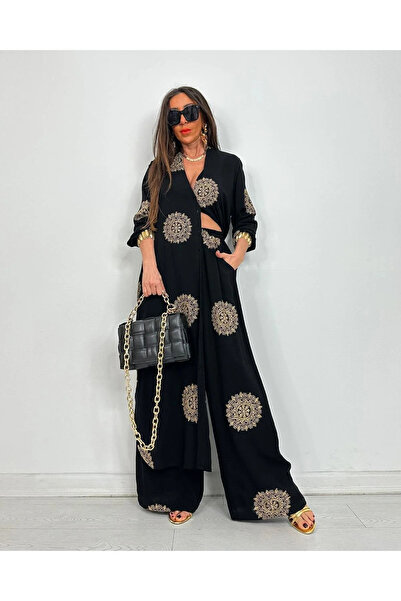 MADAME MELEK Glow Embroidered Kimono Attach Long Maxi Size Shirt Pants Suit