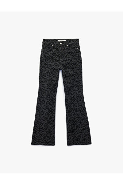 Koton Cepli Yüksek Bel Leopar Desenli İspanyol Paça Jean Pantolon - Flare Jeans