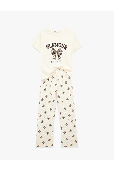 Koton Short Sleeve Crew Neck Bowknot Printed Cotton Pajama Set