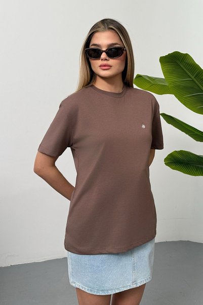 GİYSA Women's Silver Accessory Detailed 100% Cotton T-Shirt Light Brown - 26Y 26510