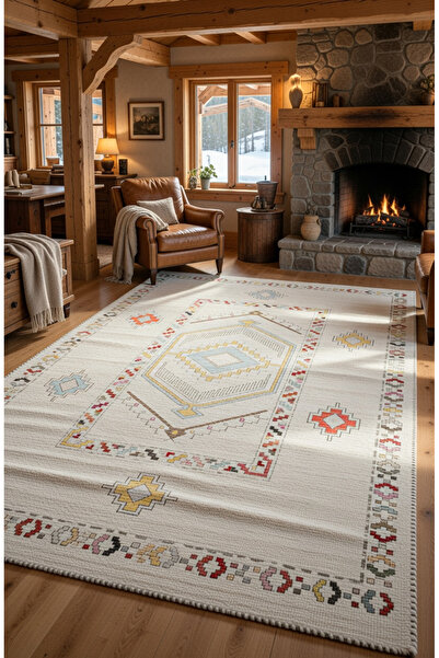 kilim home Krem Zeminli Etnik Geometrik Desenli Modern Kilim Pastel Renkli De...