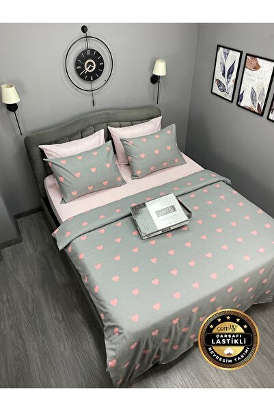 Çetinhome طقم غطاء لحاف مزدوج مطاطي باللون الرمادي على شكل قلب