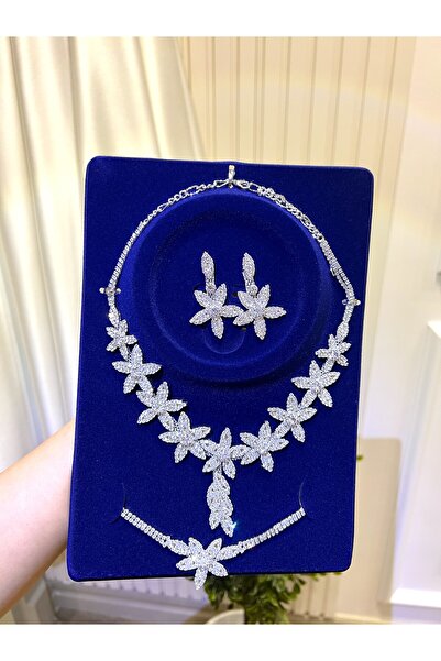 Taşmeran Crystal Stone Design Leaf Model Quality Plated Bridal Jewelry Set D-...