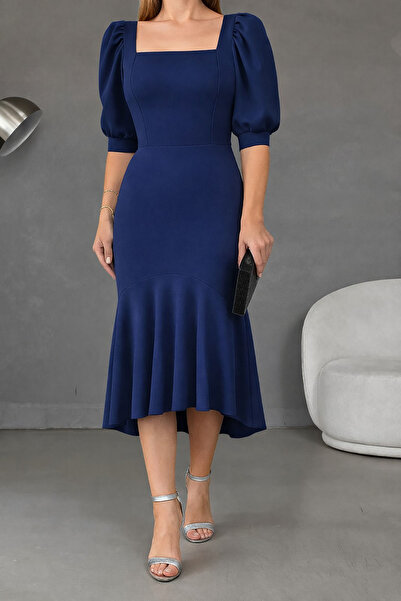 Deafox Navy Blue Crepe Fabric Square Collar Balloon Sleeve Fish Model Midi Le...