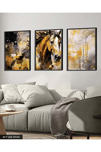 Burshe Yağlı Boya Görünümlü At 3 Parça Siyah Ahşap Çerçeveli Tablo ACT