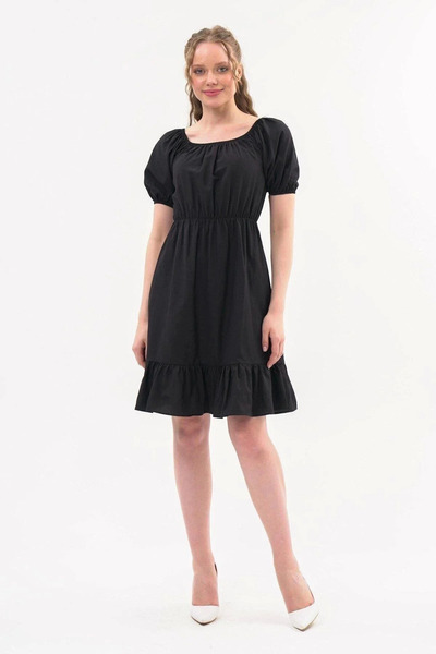 Sereia Women's Elegant Backless Midi Black Dress with Elastic Waist and Ruffl...