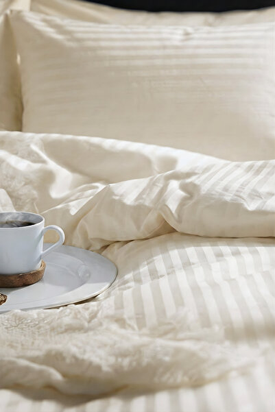 Nart Home Single Cotton - Satin 210 Tc (83 Thread) Striped Duvet Cover Set Ecru