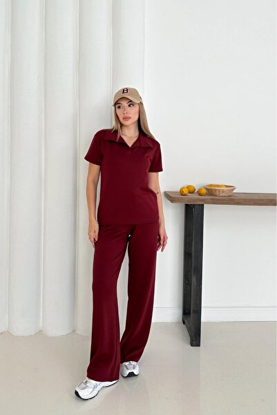 MİROR Women's Modal Fabric Basic Short Sleeve Polo Collar Tracksuit Set