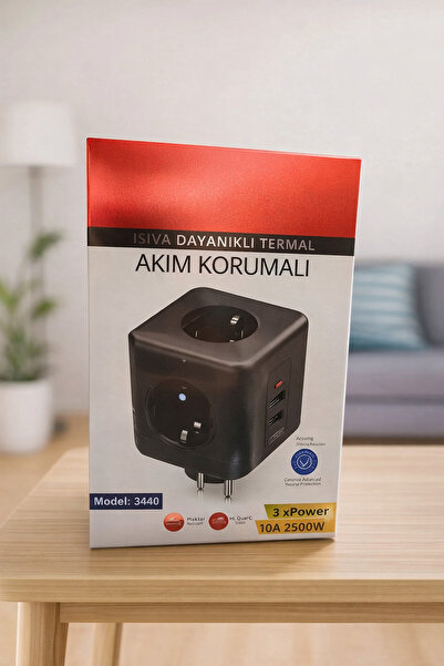 kialed 3lü Priz Akım Korumalı 3 Soketli / 3xUSB Girişli 10A 2500W