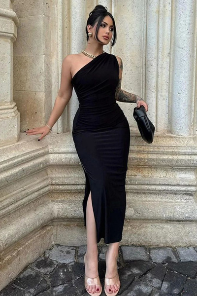 Sorridi Oleander One Shoulder Draped Slit Maxi Dress