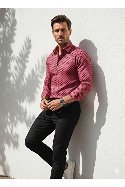 Louis Fabel Black Micro Patterned Long Sleeve Men's Shirt on Pink Background