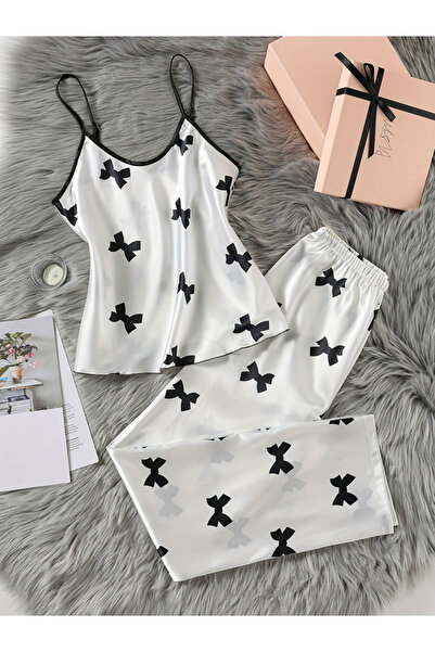 Take Two By Styli White Satin Bow Print Cami and Pyjama Set