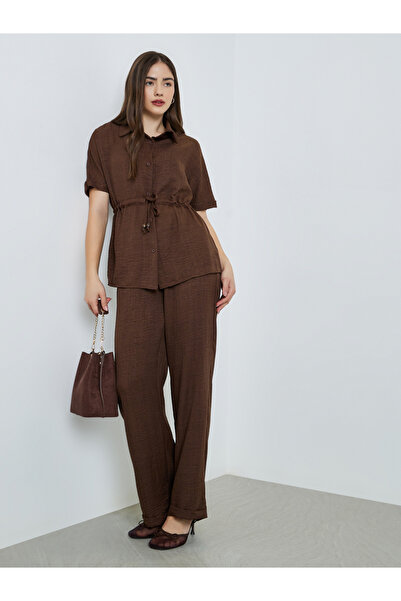 Styli Brown Waist Drawstring Shirt and Pants Co-ords