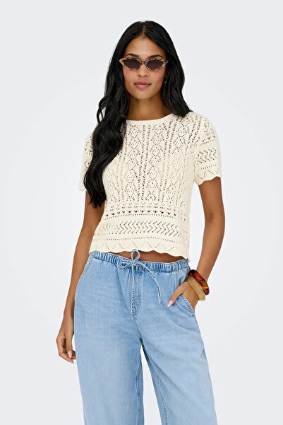 ONLY Women's Onlelke Openwork Short Sleeve Sweater 15370940 Ecru