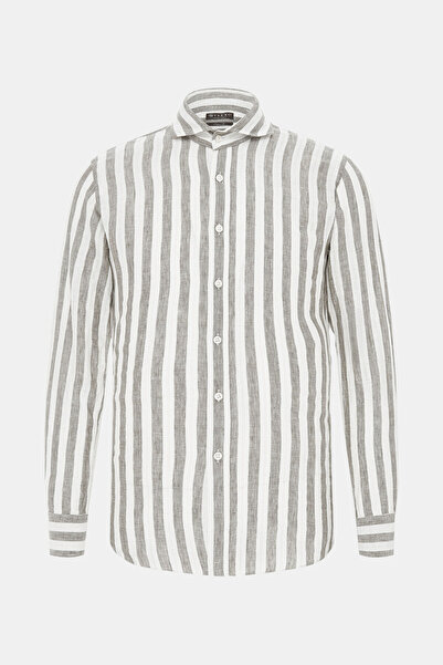 Vakko ÇİZGİLİ DESENLİ KETEN PAMUK SPOR GÖMLEK