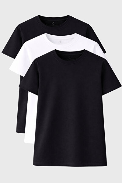 freemen Erkek Siyah-Beyaz-Siyah Normal Kalıp Bisiklet Yaka Pamuk 3'lü Basic T...