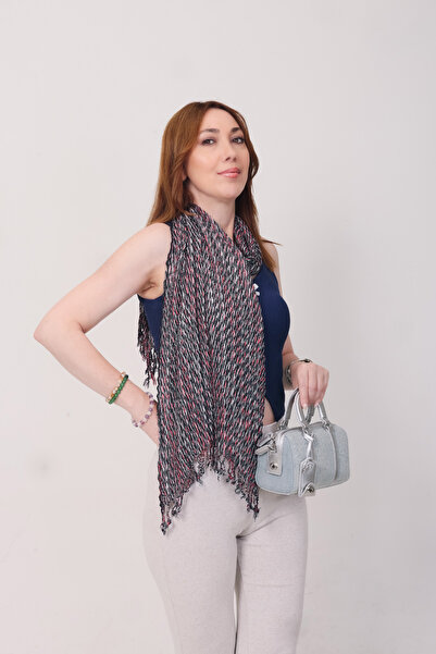 Mystic Shawl %100 Pamuk Siyah, Beyaz & Kırmızı Çizgi Desenli Atkı Şal (30x140...