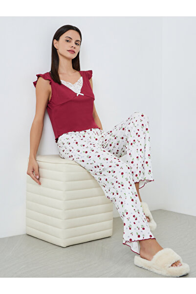 Styli Red Lace Neck Contrast Top and Printed Pyjama Set