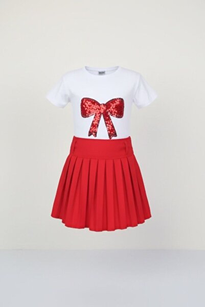 Astra Plus Κοριτσίστικη κόκκινη φούστα με κόκκινη κορδέλα και μπλουζάκι, σετ ...