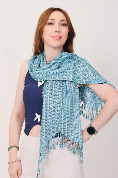 Mystic Shawl 100% Cotton Turquoise Tone Geometric Patterned Thick Scarf Shawl...