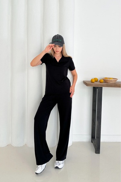 MİROR Women's Modal Fabric Basic Short Sleeve Polo Collar Tracksuit Set