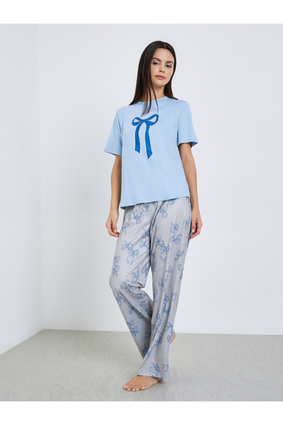 Styli Blue Round Neck Bow Print T-Shirt and Pyjama Set