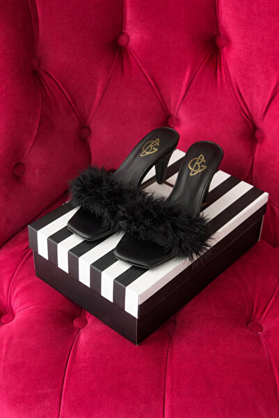 BZC AYAKKABI Black Feathered Mini-Heel Bridal Dowry Engagement Slippers
