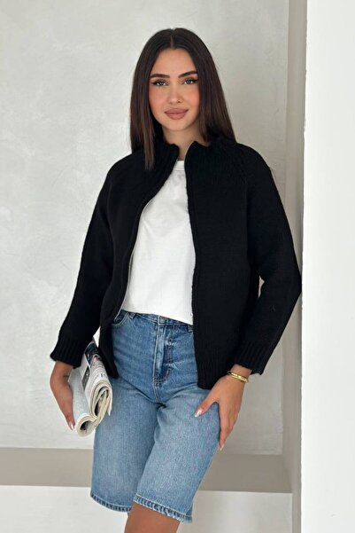 Lunarose Women's Black Knitwear Cardigan with Plain and Knitted Detail and Zi...