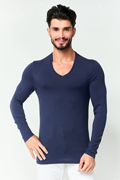 CELIO Men V-Neck Long Sleeve Plain T-Shirt, Navy