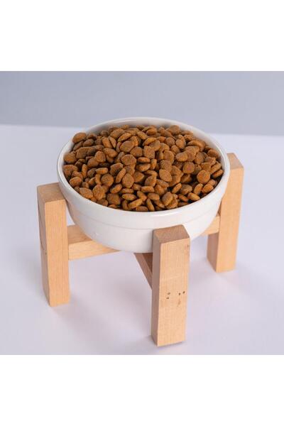Pawstar Beyaz Ahşap Standlı Seramik Mama/ Su Kabı Kedi Köpek Mama Su Kabı