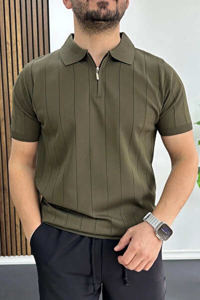 Edwox Ανδρικό μπλουζάκι πόλο με φερμουάρ σε στενή γραμμή, χακί Edw452
