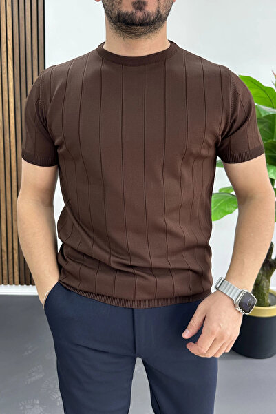 Edwox Ανδρικό μπλουζάκι με ριγέ λαιμόκοψη καφέ Edw456