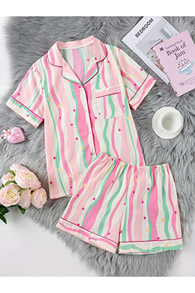 Take Two By Styli Pink Striped Shirt and Shorts Pyjama Set