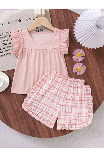 Take Two By Styli Girls Pink Ruffled Top with Checked Shorts Pyjama Set